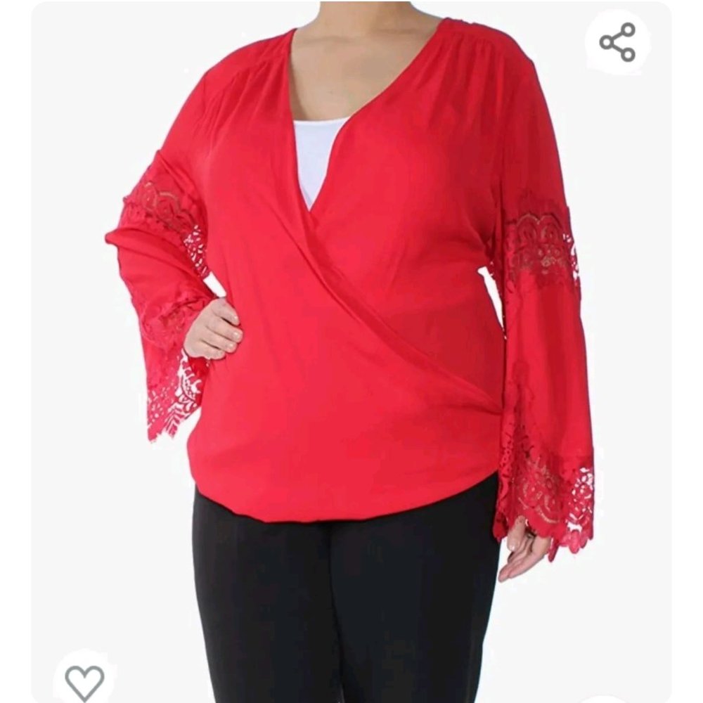 INC International Concepts Red Lace Inset Surplice Blouse